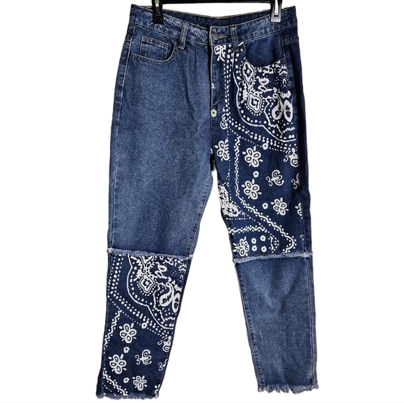 Paisley Print Patchwork Jeans Size Large Raw Hem Colorblock Denim Straight Leg - Picture 4 of 16